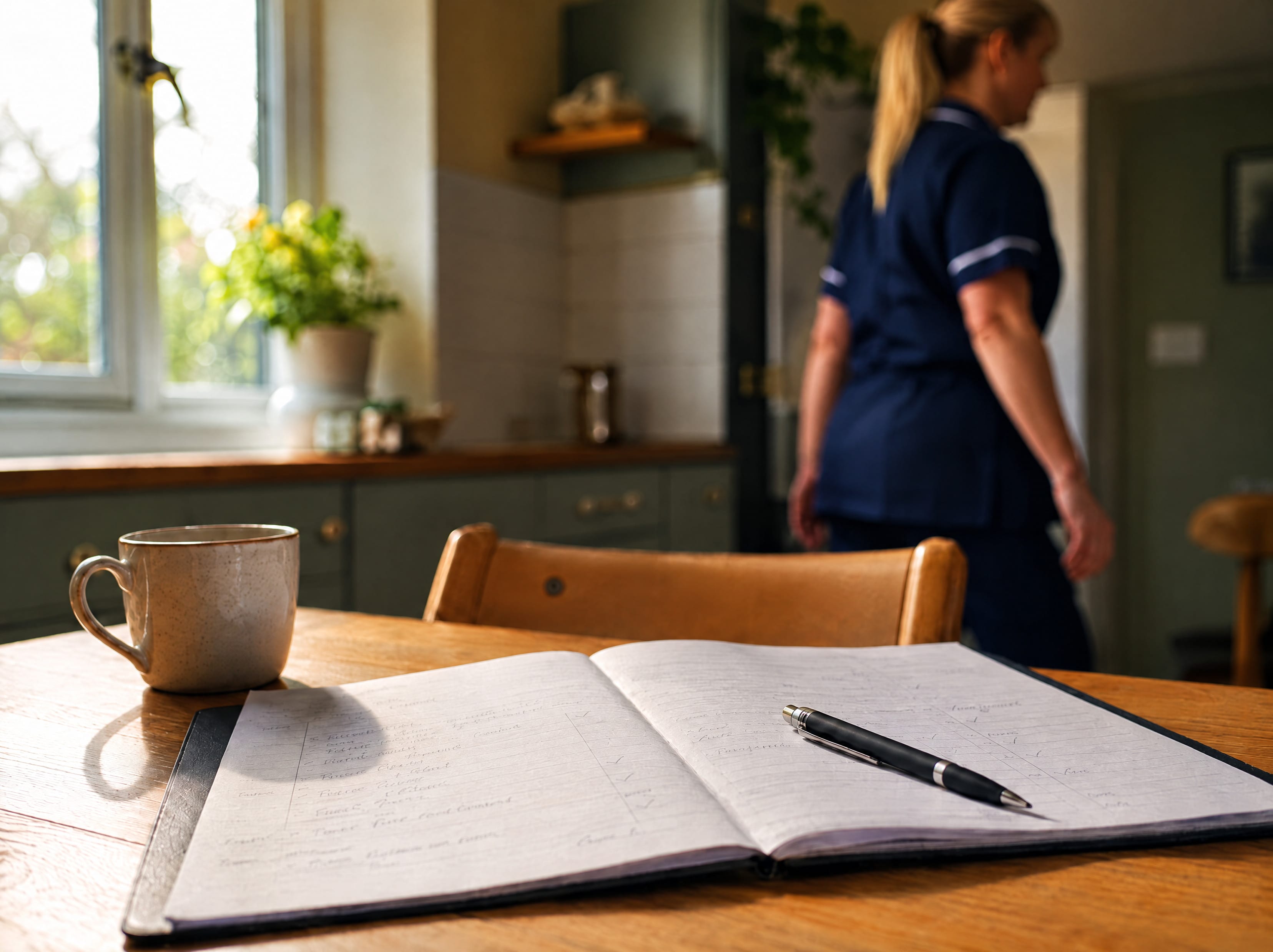 An open care plan and a pen on a kitchen table, a mug beside it, a carer moving through the room behind.
