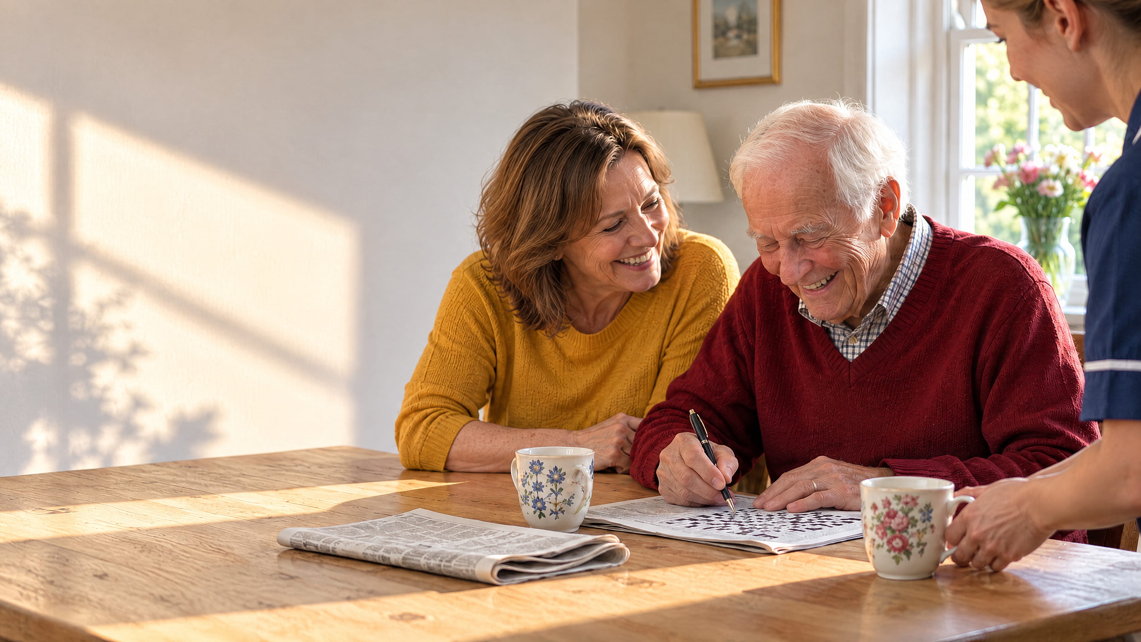 A man in his early eighties in a red jumper laughs over a crossword with his daughter at his kitchen table.