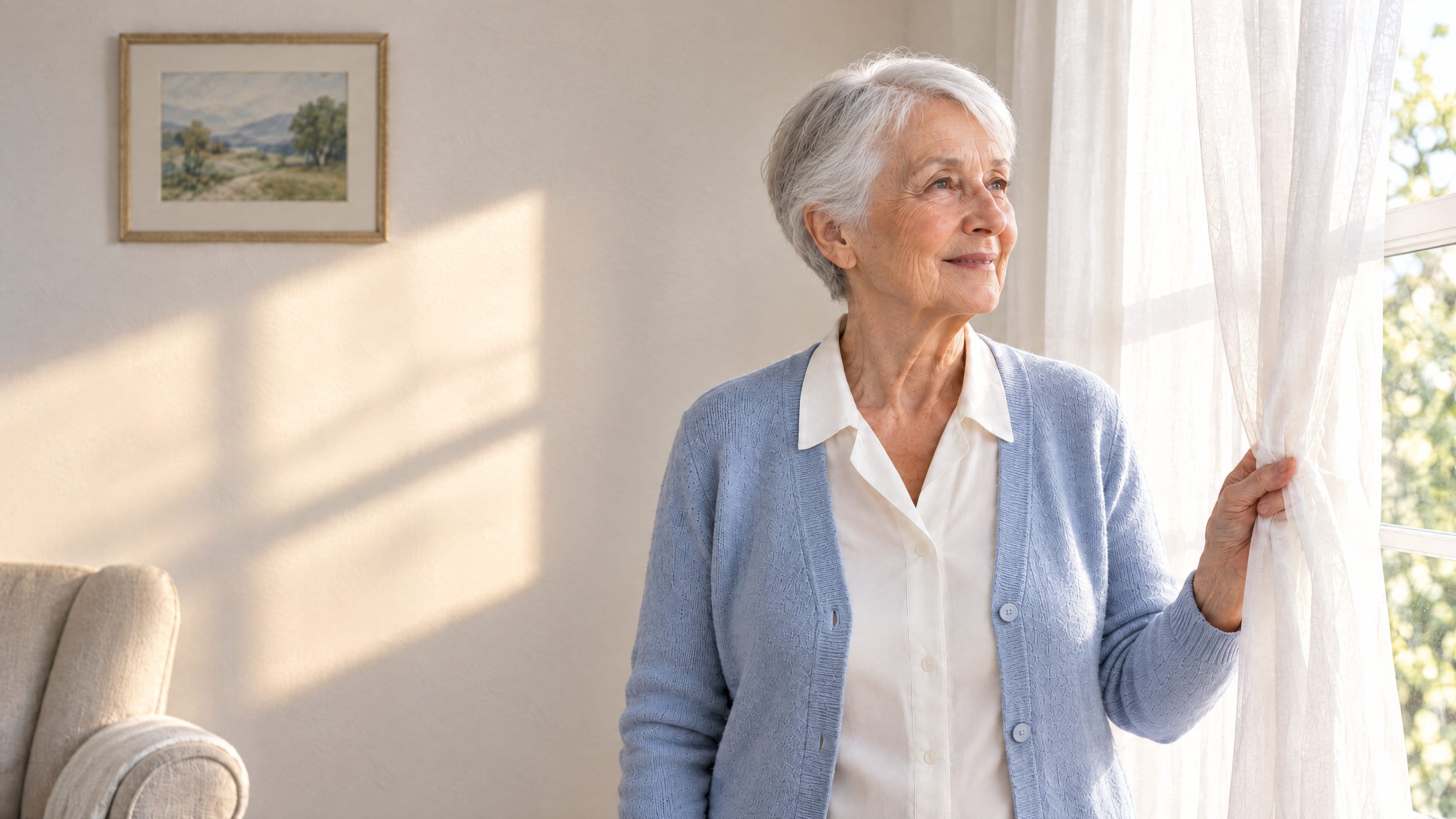 A woman in her late seventies in a pale blue cardigan draws back a sheer curtain at her window, morning sun on the wall behind her.