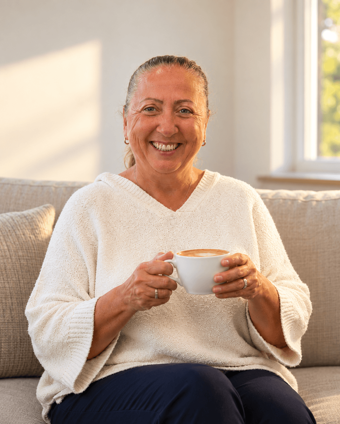 Nicola Morrow, registered manager, seated with a cup of coffee in a bright sitting room, smiling at the camera.