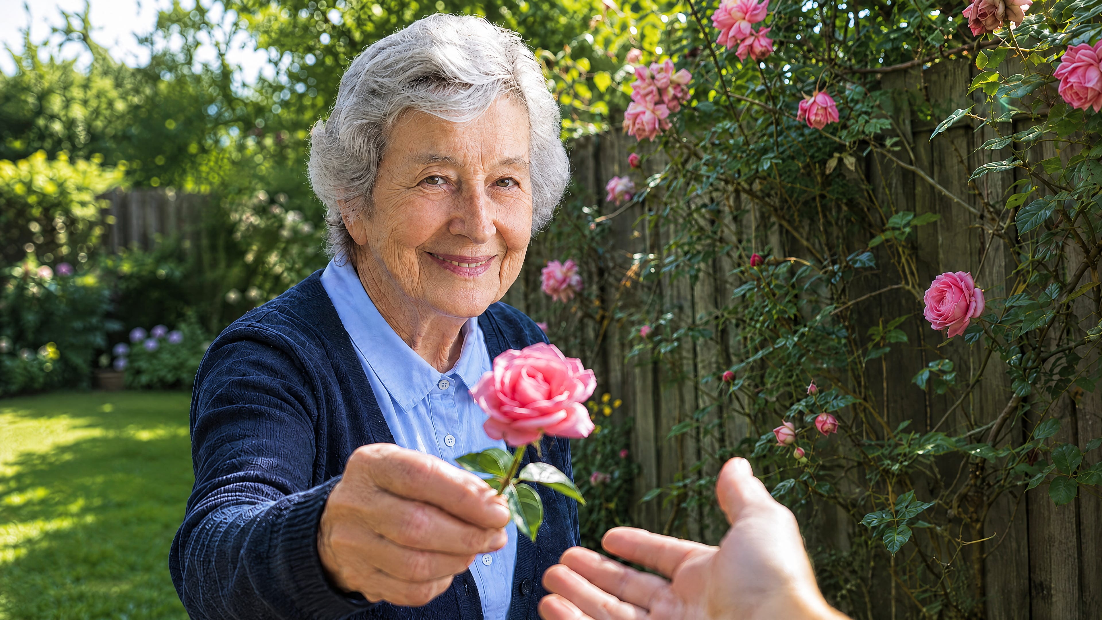 An older woman holds out a cut rose to an open hand reaching towards her.