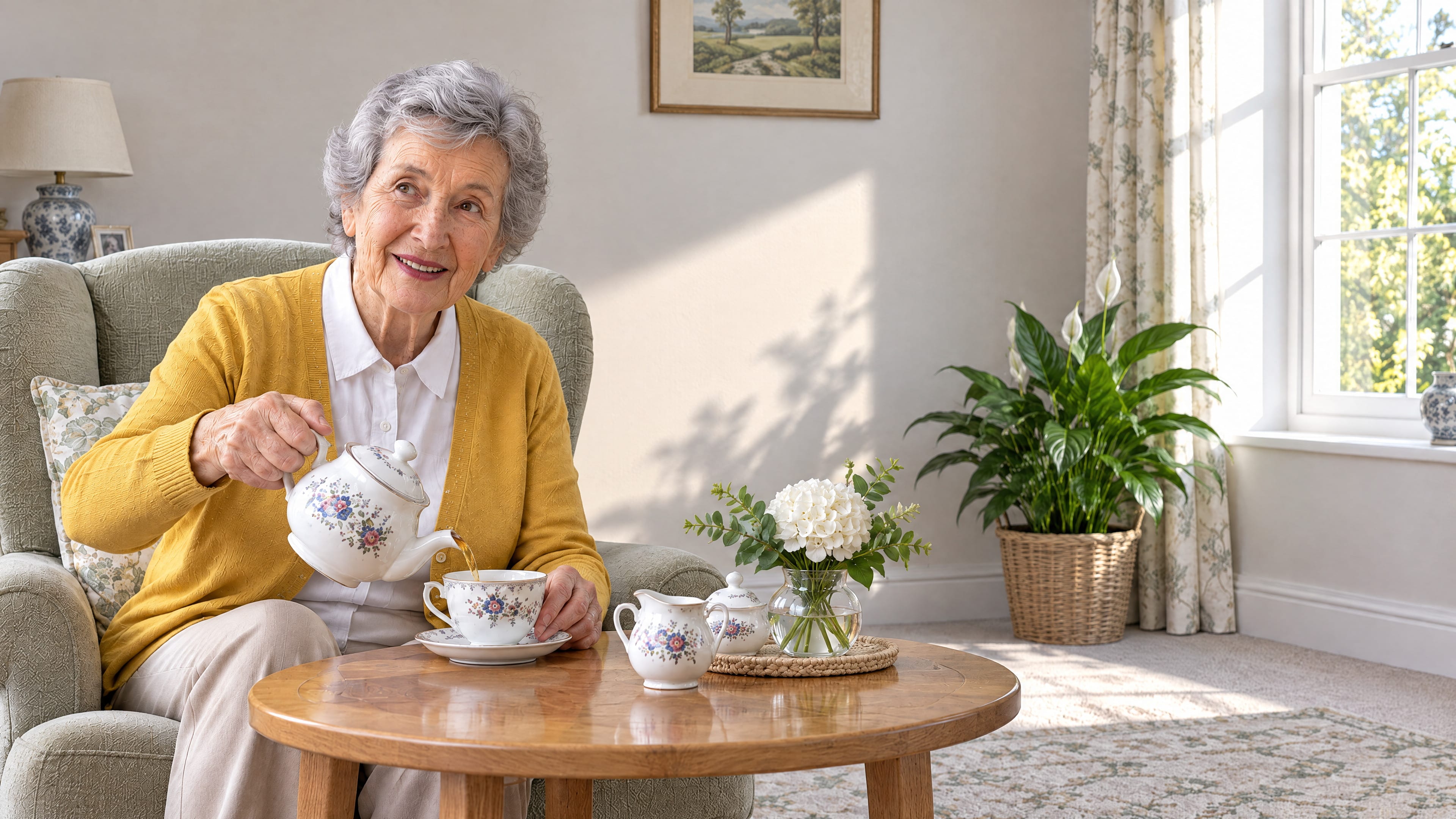A woman in her late seventies in a saffron cardigan pours tea from her own floral pot in her bright sitting room.