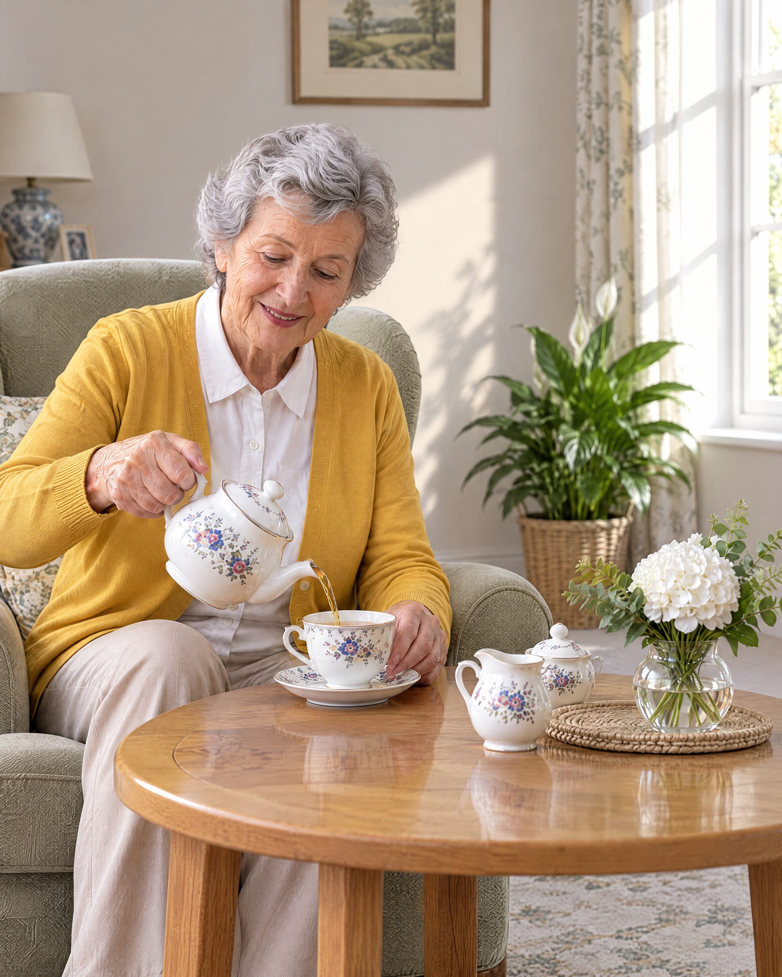 A woman in her late seventies in a saffron cardigan pours tea from her own floral pot in her bright sitting room.